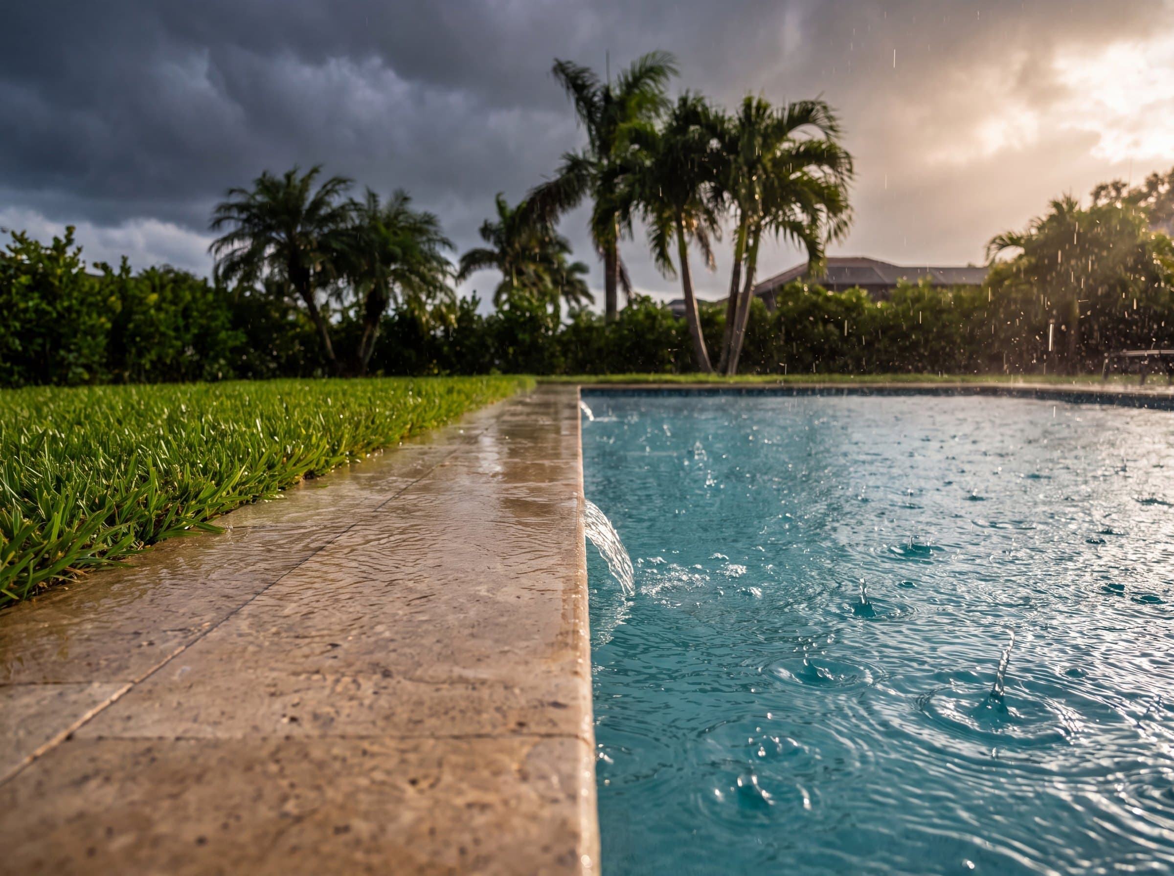 A summer storm in Sarasota, rain and lawn runoff pouring into a backyard pool